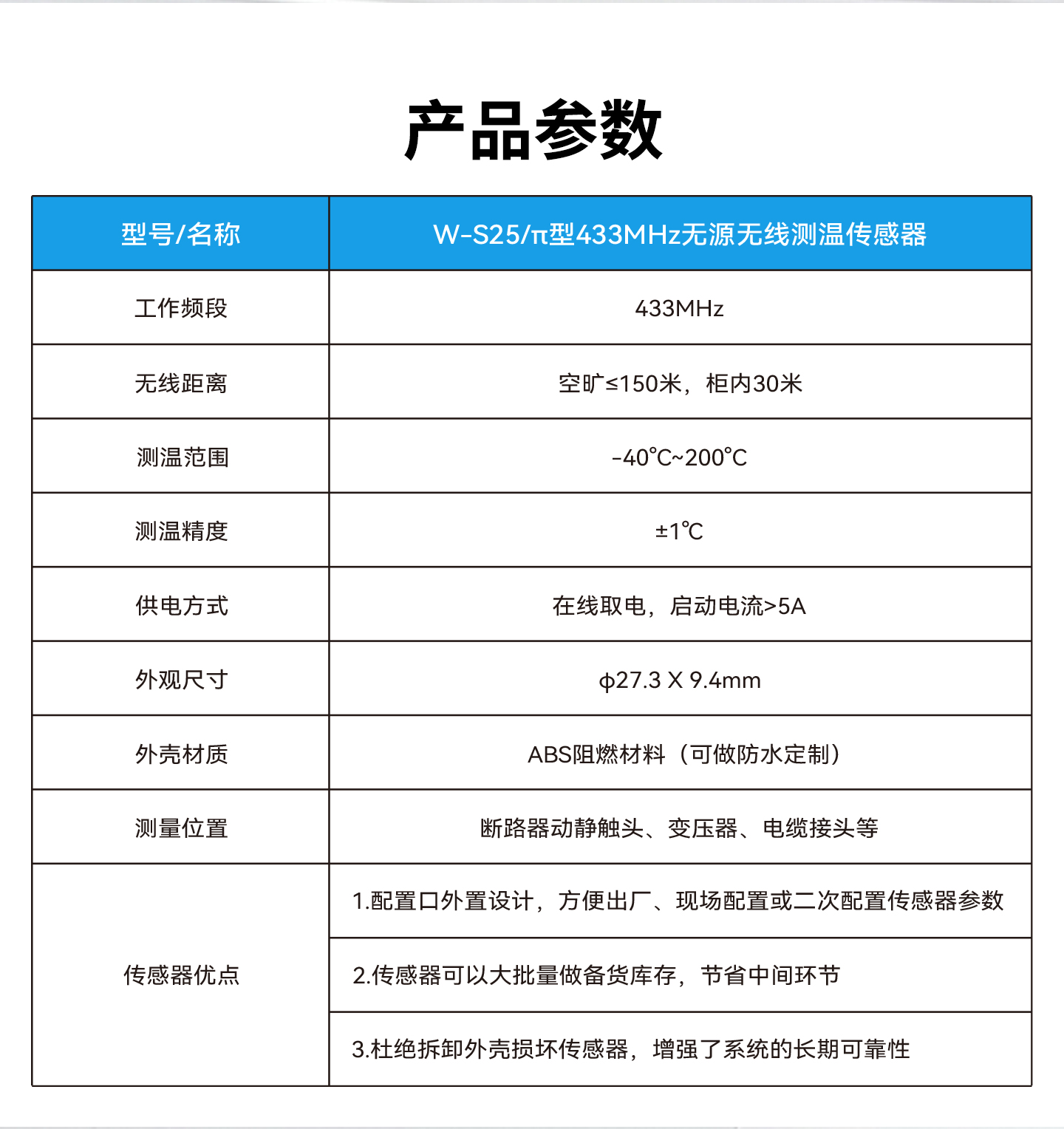 稳传测控433MHz无源无线测温传感器W-S25 高压电气接点在线温度监测解决方案断路器电缆接头母线测温