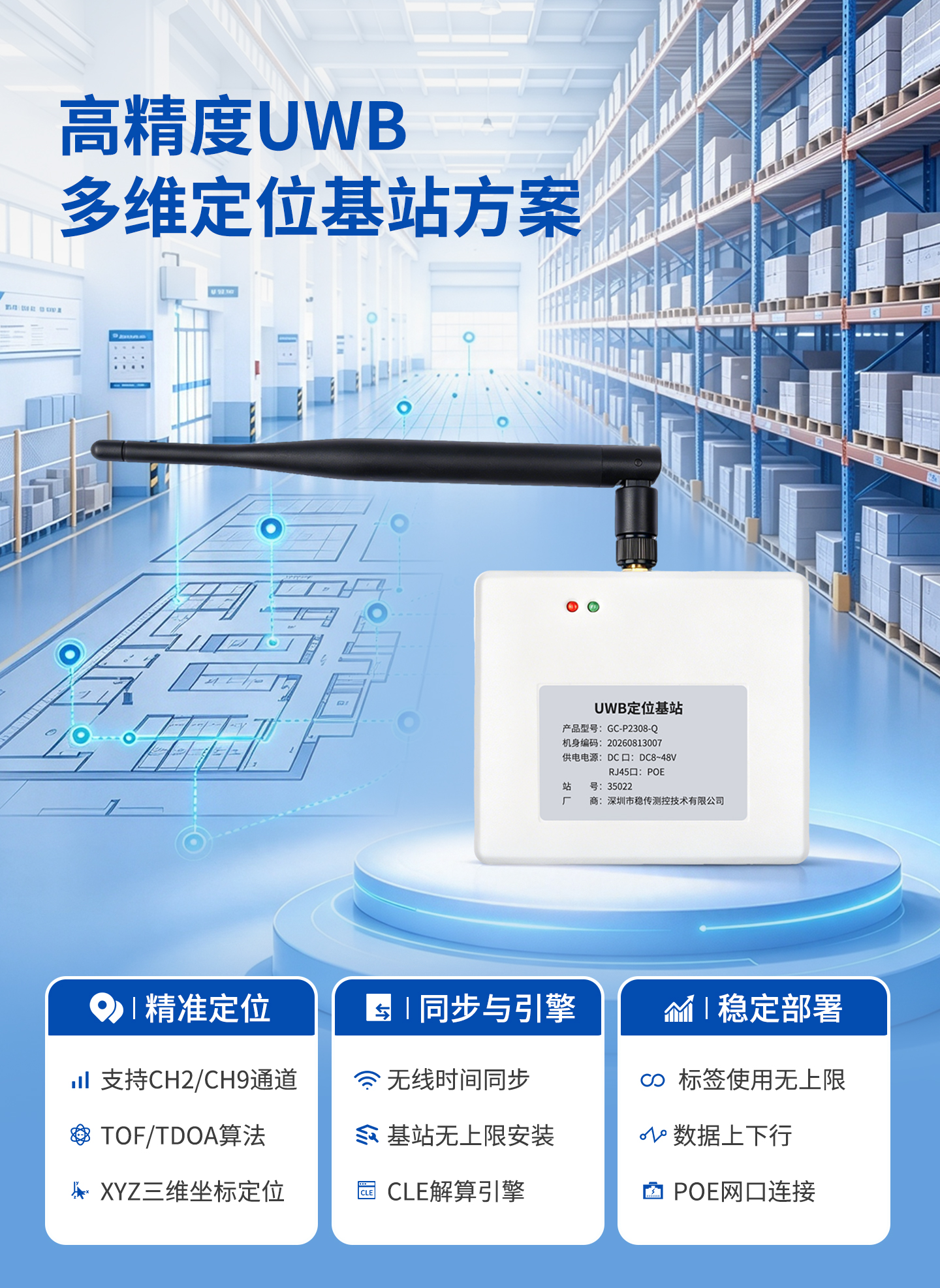 POE工业UWB高精度多维定位基站GC‑P2308‑Q支持TOF/TDOA算法稳传测控 POE工业UWB高精度多维定位基站GC‑P2308‑Q支持TOF/TDOA算法稳传测控