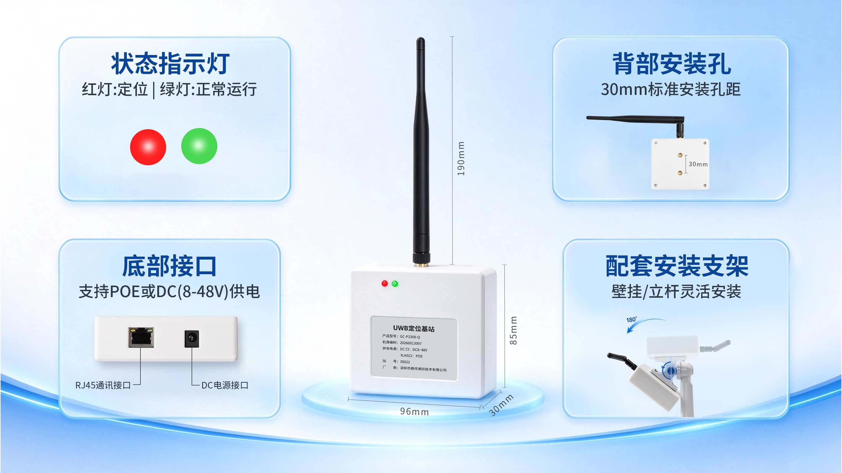 稳传测控GC‑P2308-Q UWB多维基站POE室内工地工厂隧道矿井人员定位 稳传测控GC‑P2308-Q UWB多维基站POE室内工地工厂隧道矿井人员定位
